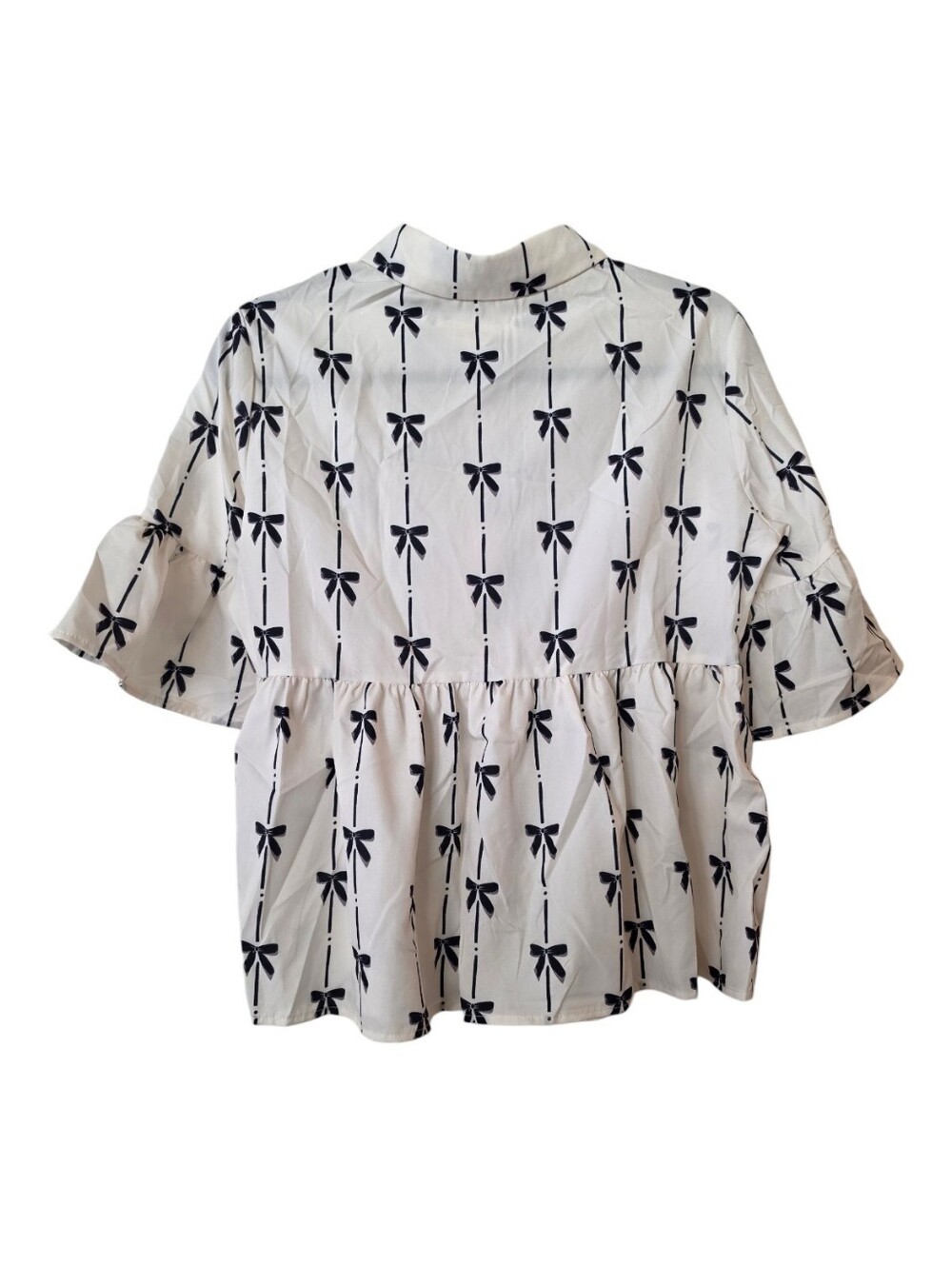 Feminine Bow Print Ruffle Sleeve Peplum Blouse NWOT - Picture 3 of 5